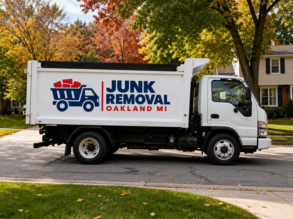 Junk removal truck driving through a suburban neighborhood