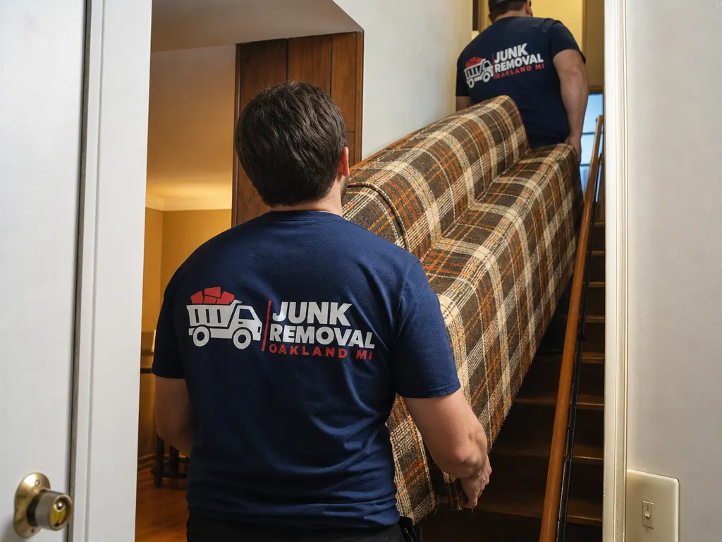 Junk removal in Livonia: crew carrying an old couch up the basement stairs