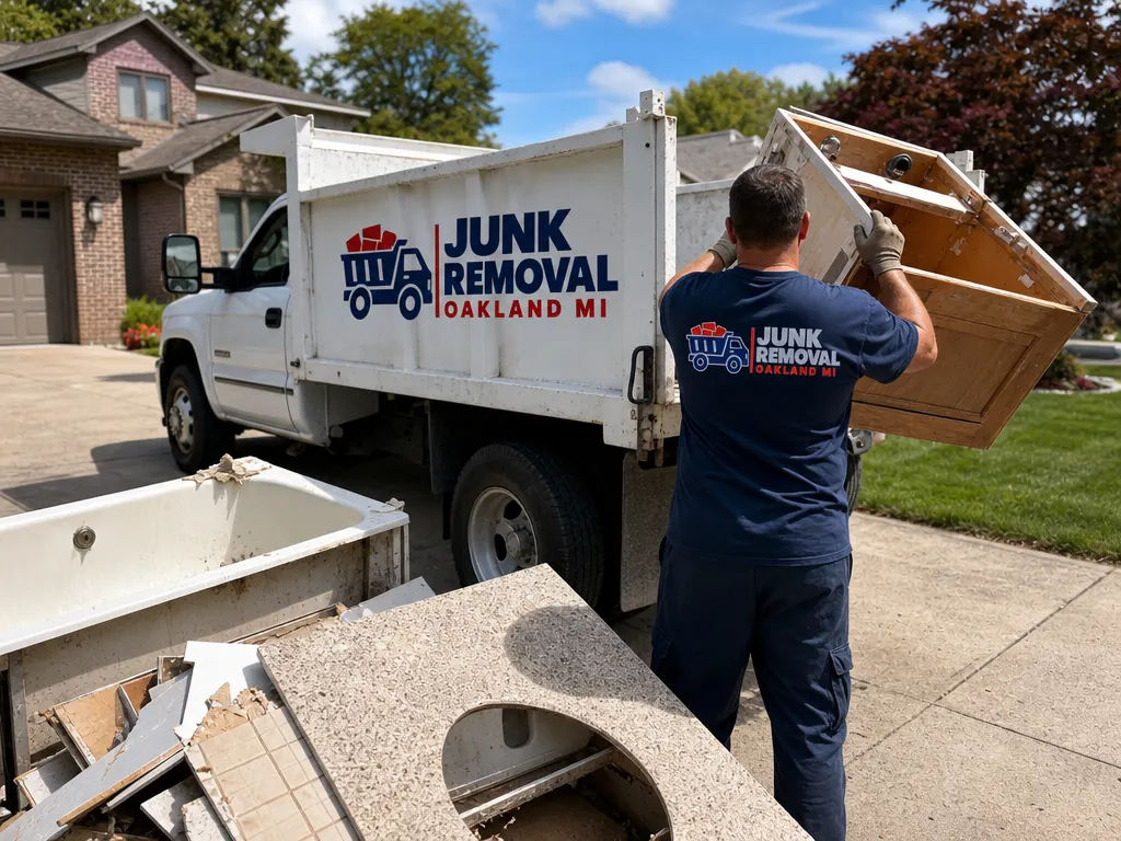 Junk removal in Canton: crew loading bathroom remodel debris and an old vanity