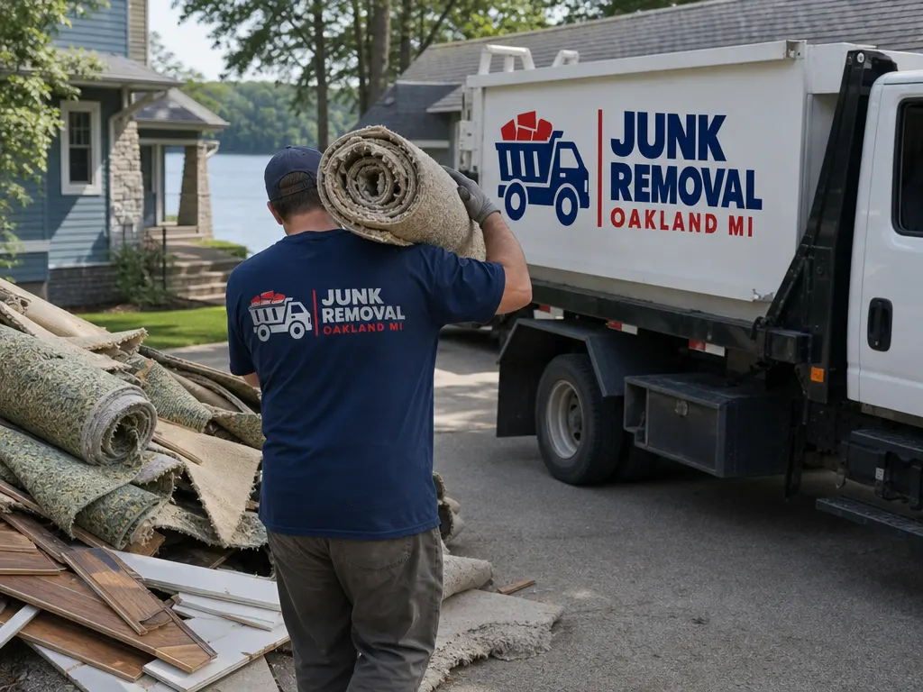 Junk removal in White Lake Township: crew loading old carpet and flooring debris