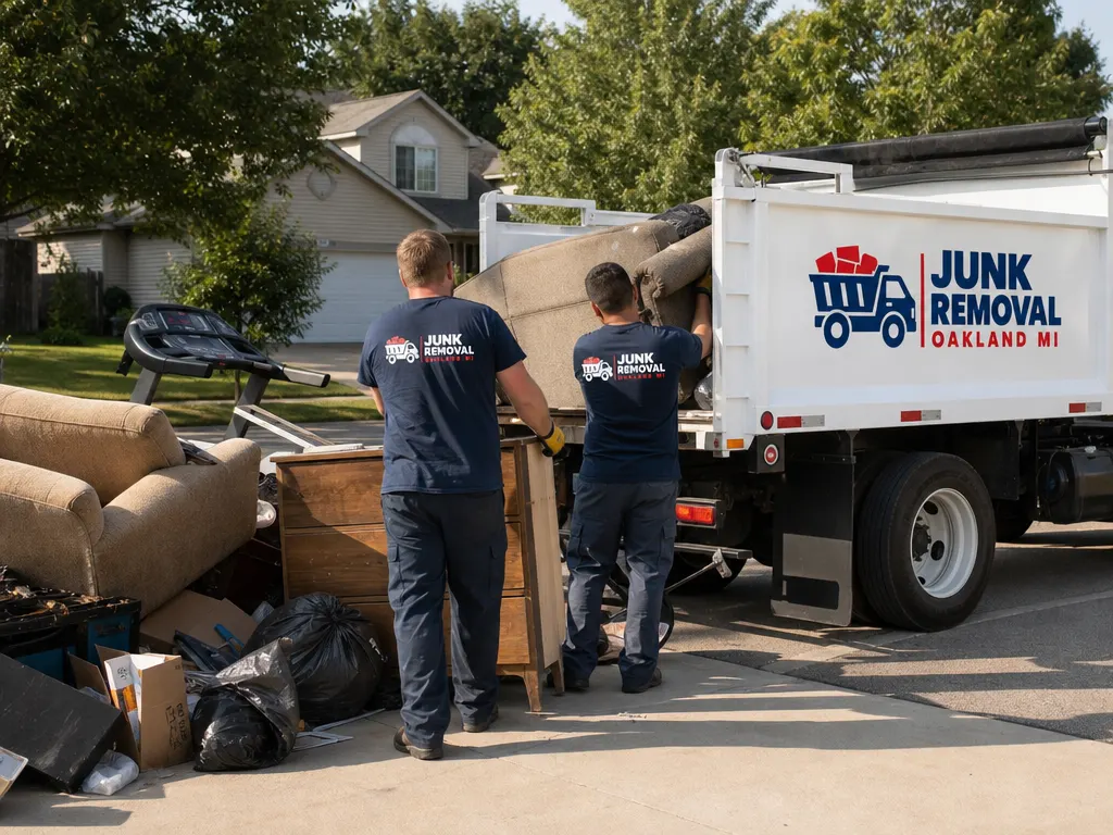 Junk removal in Farmington Hills: crew loading a large pile of household junk from a driveway