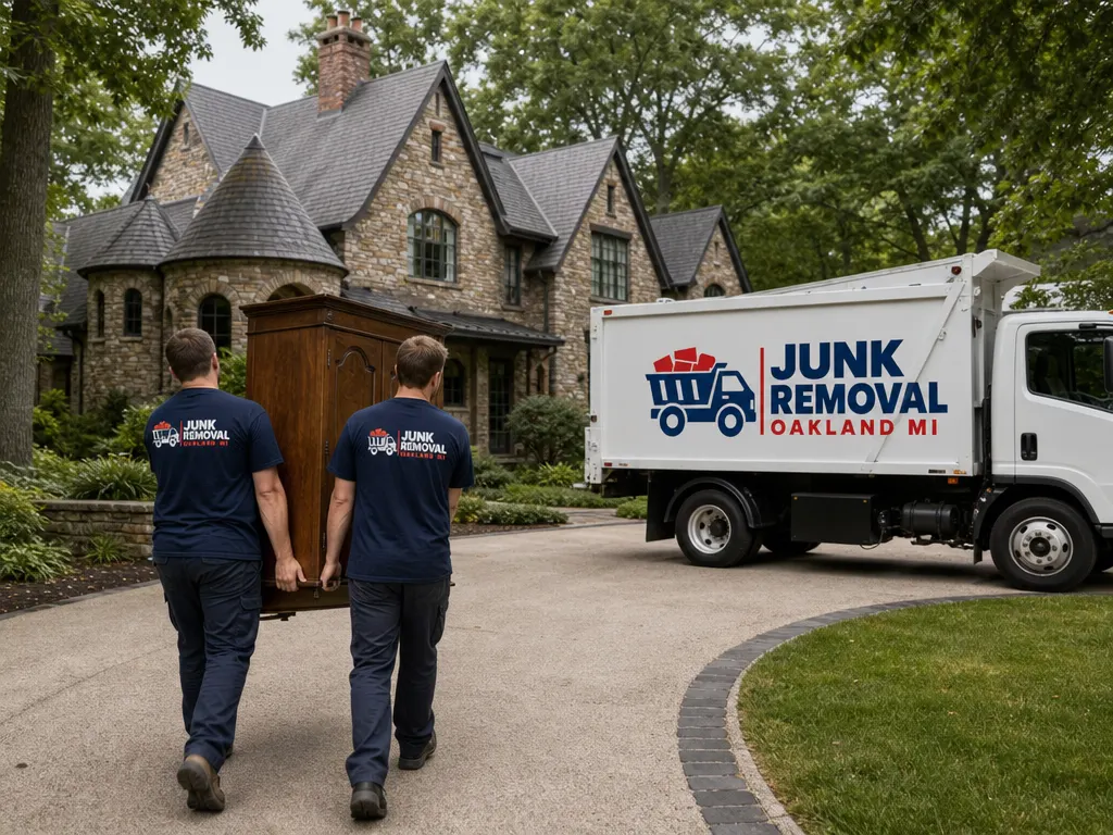 Junk removal in Bloomfield Hills: crew carrying an antique armoire from a large stone home