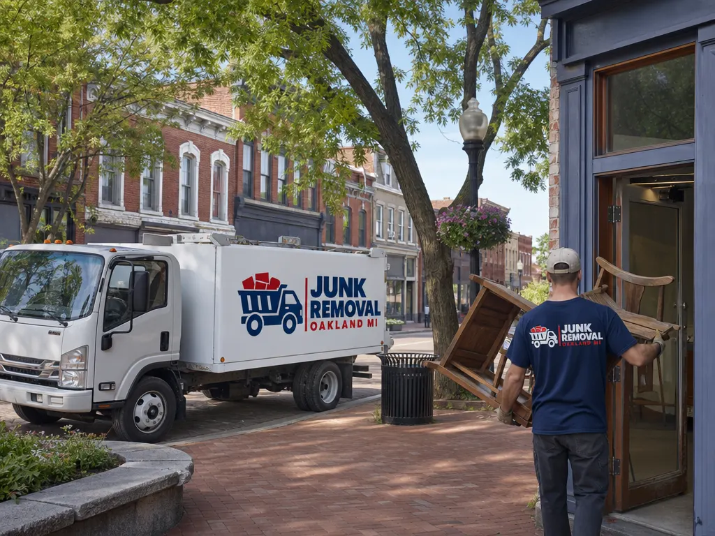 Junk removal in Plymouth: junk removal truck and crew in a historic downtown