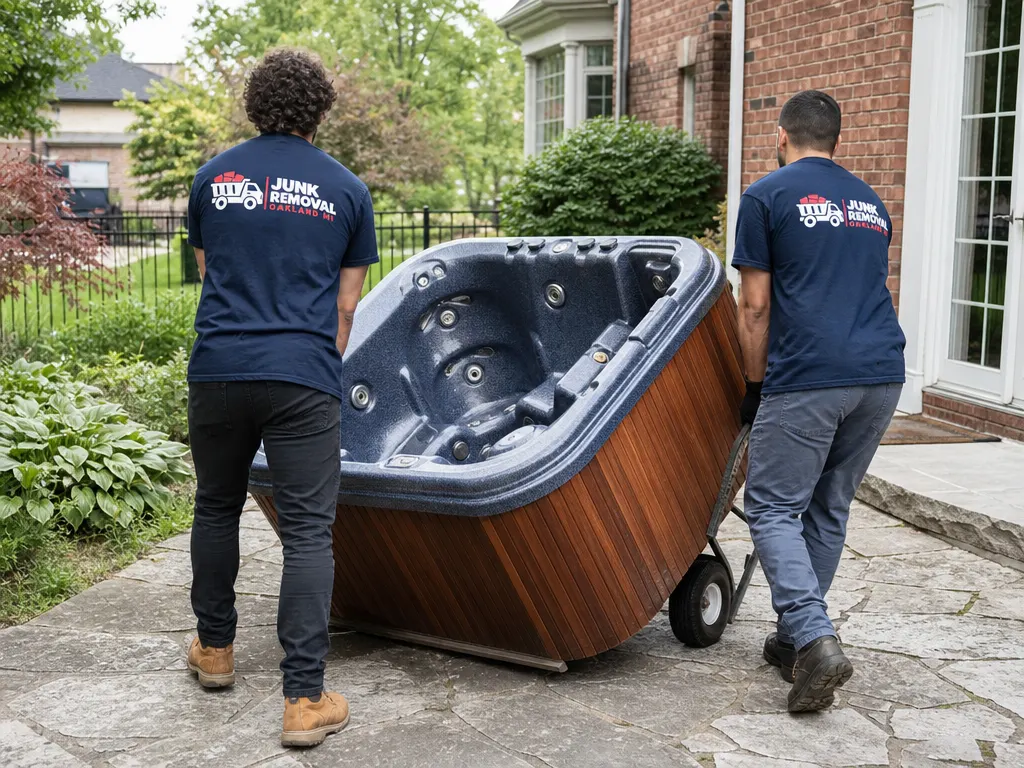 Junk removal in Birmingham: crew moving an old hot tub off a stone patio