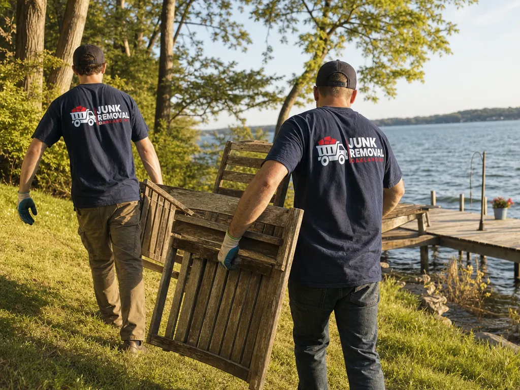 Junk removal in West Bloomfield: crew carrying old furniture up from a lakefront dock
