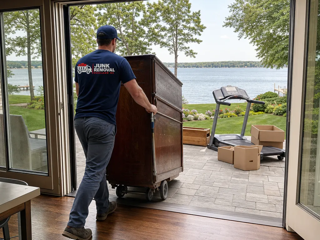 Junk removal in Orchard Lake Village: crew wheeling an old cabinet out of a lakefront walkout basement