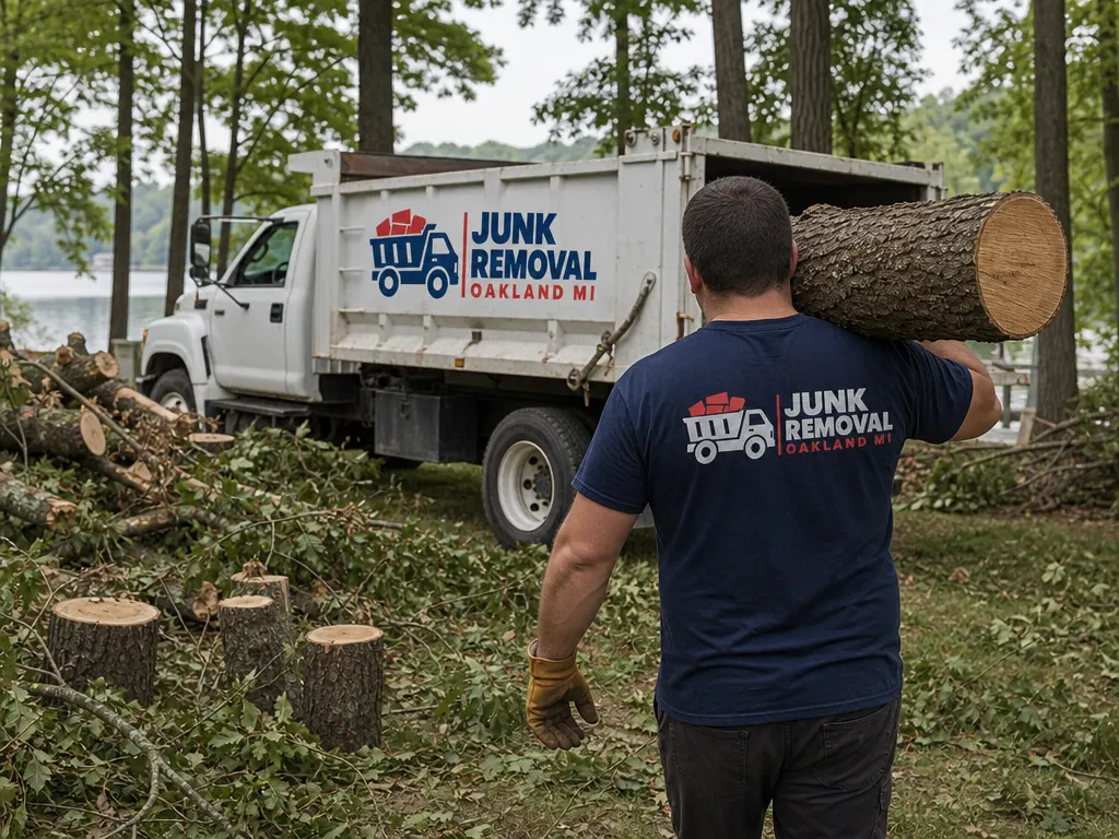 Junk removal in Walled Lake: crew loading logs and storm debris into the truck