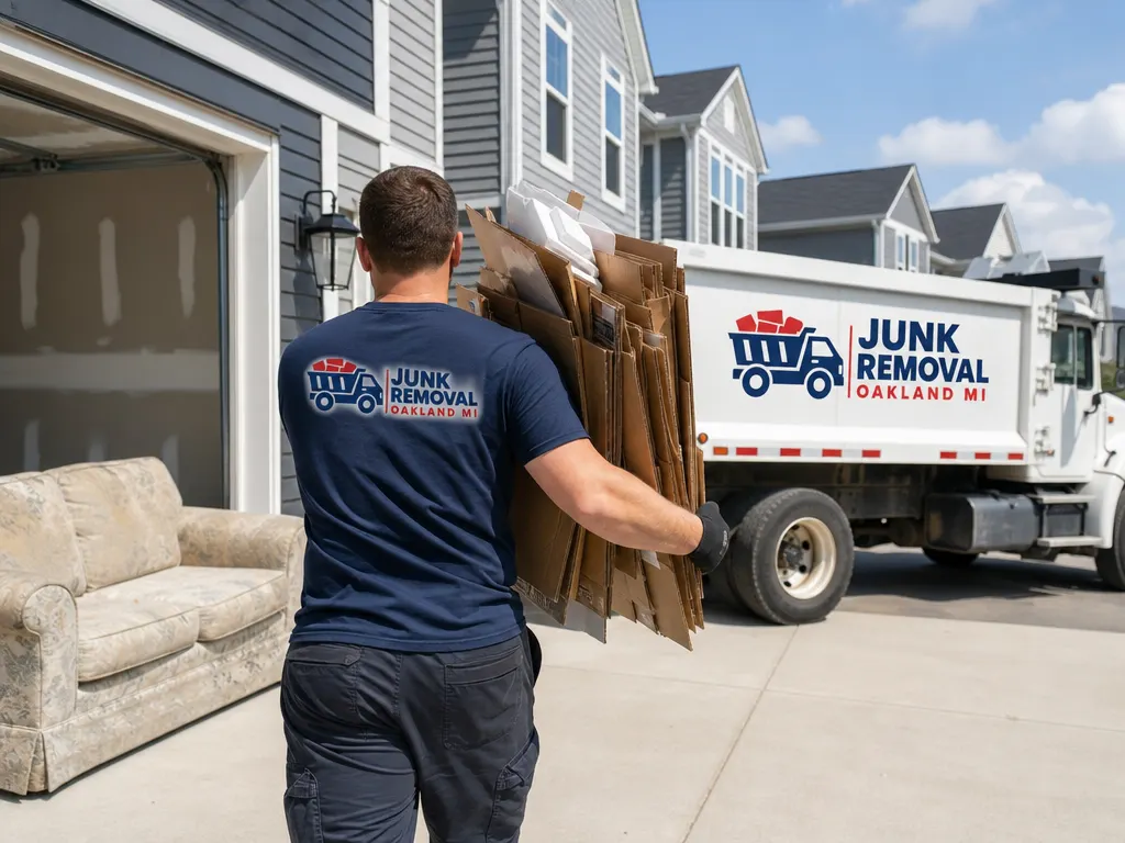 Junk removal in Wixom: crew hauling moving boxes and packaging from a new home