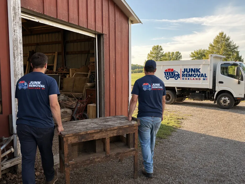 Junk removal in Highland Township: crew carrying an old workbench out of a pole barn