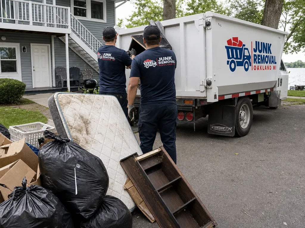 Junk removal in Keego Harbor: crew clearing items left behind at a lakeside rental