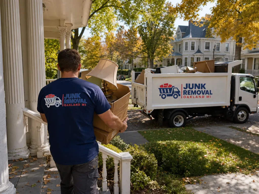Junk removal in Farmington: crew carrying boxes down the porch steps of a Victorian home