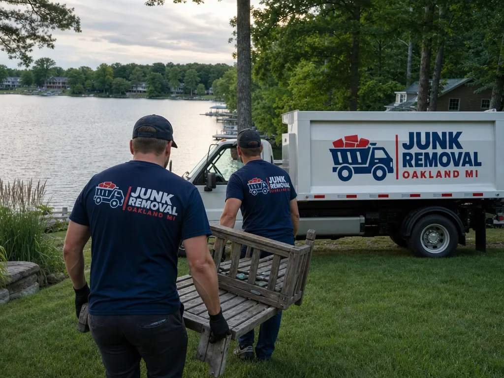 Junk removal in Commerce Township: crew carrying old patio furniture from a lakefront yard to the truck