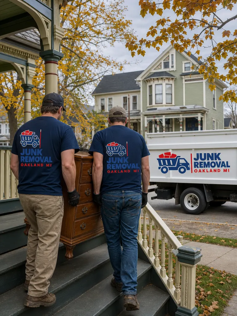 Junk removal in Northville: crew carrying a dresser down the porch steps of a Victorian home