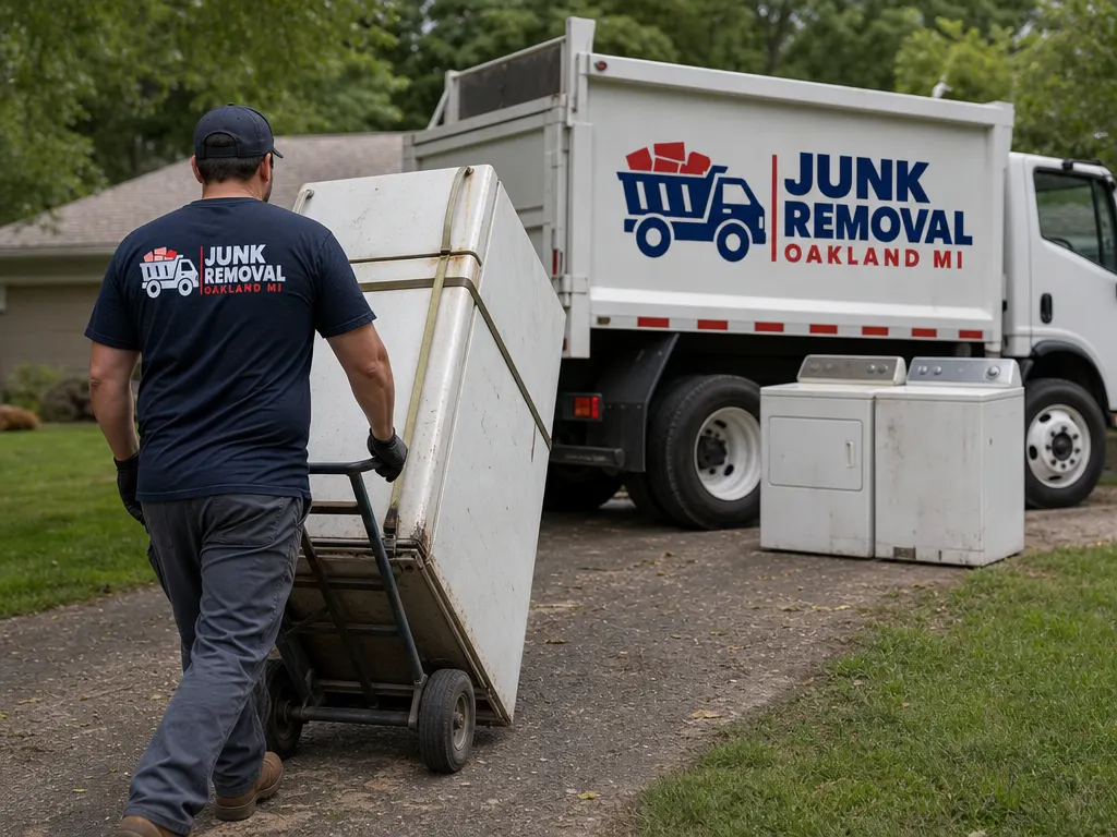 Appliance Removal in Novi: old refrigerator on a hand truck headed for the junk removal truck