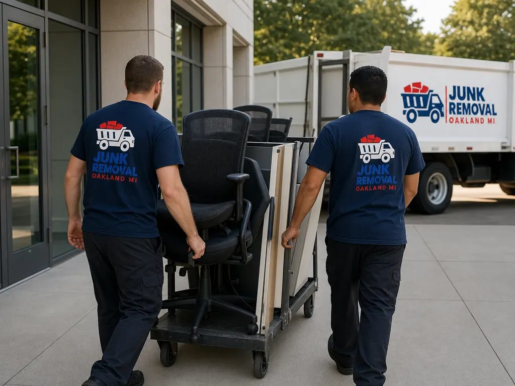 Commercial Junk Removal in Novi: crew wheeling old office chairs out of an office building