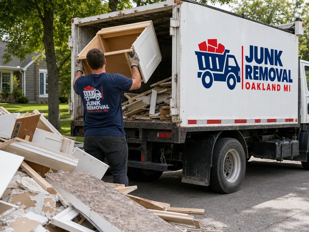 Construction Debris Removal in Novi: old kitchen cabinets and remodeling debris loaded into the truck
