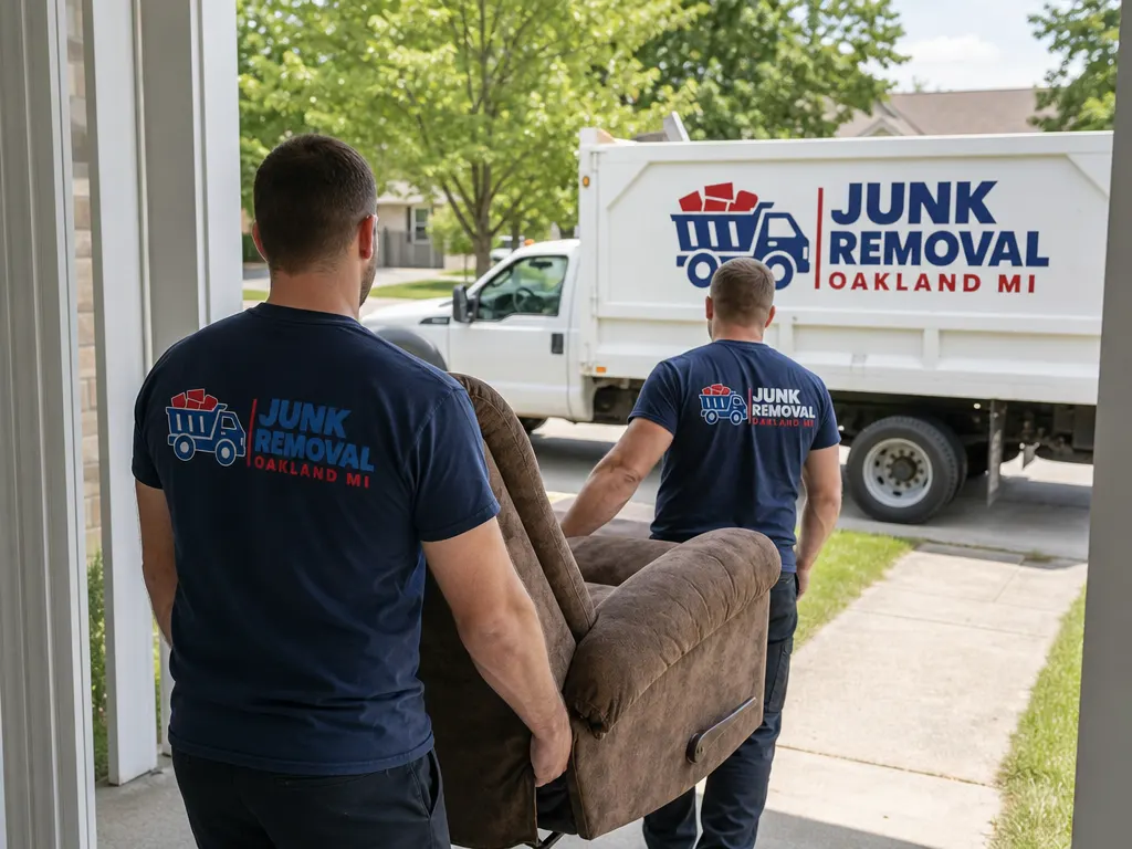 Furniture Removal in Novi: crew carrying an old recliner out of a home