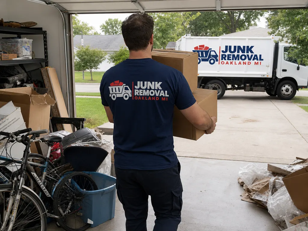 Garage Cleanout in Novi: crew carrying boxes out of a cluttered garage
