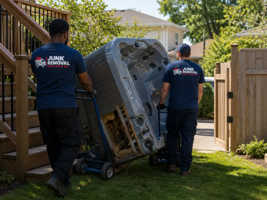 Hot Tub Removal in Novi: old hot tub being moved out of a backyard
