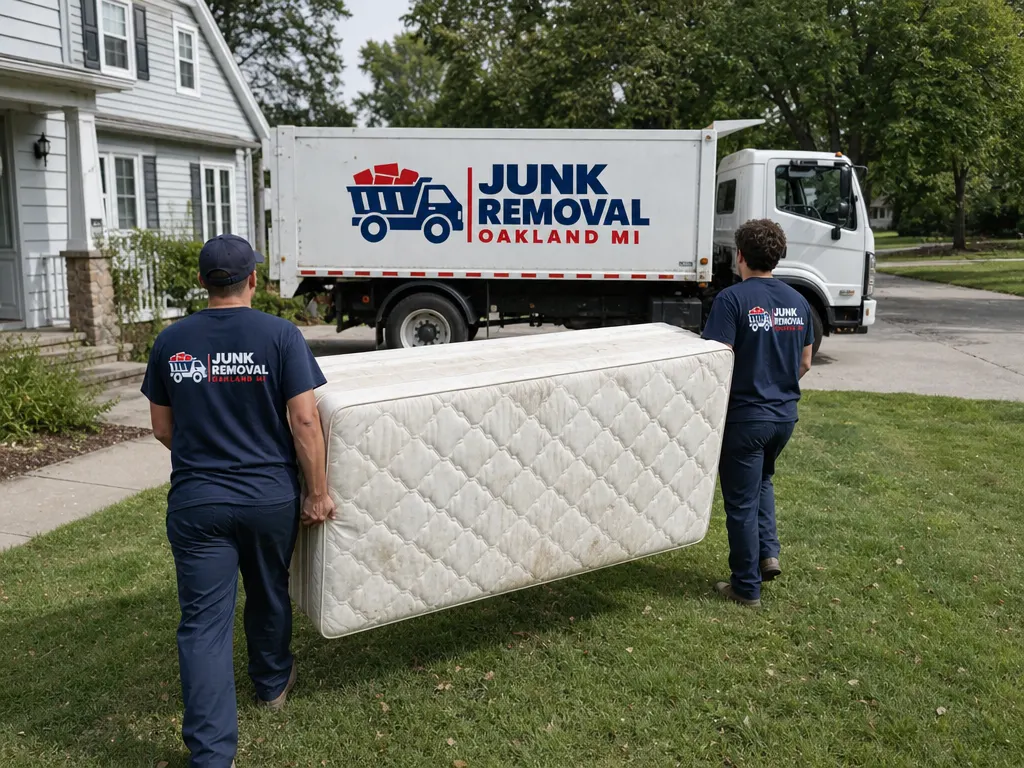 Mattress Removal in Novi: crew carrying an old mattress to the junk removal truck