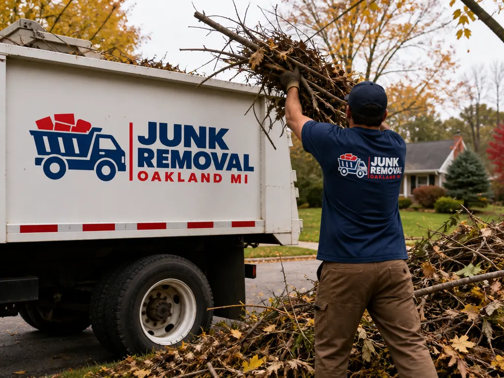 Yard Waste Removal in Novi: brush and branches being loaded into the junk removal truck